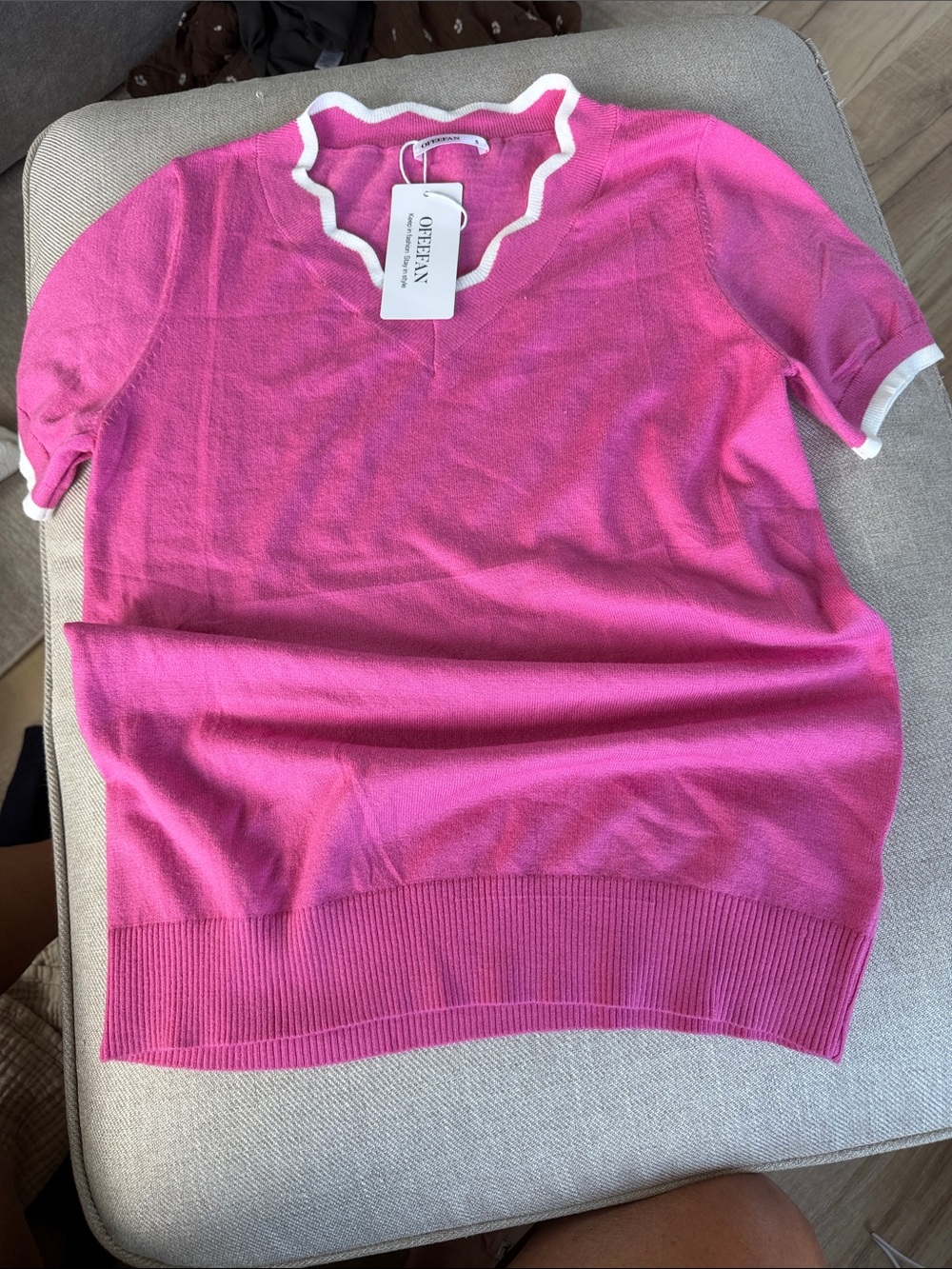 Oteena Pink V-Neck Scallop-Trim Sweater